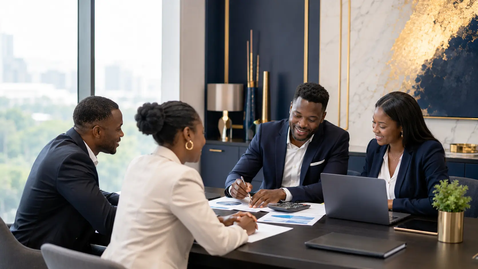 Accountants consulting with clients across a meeting table