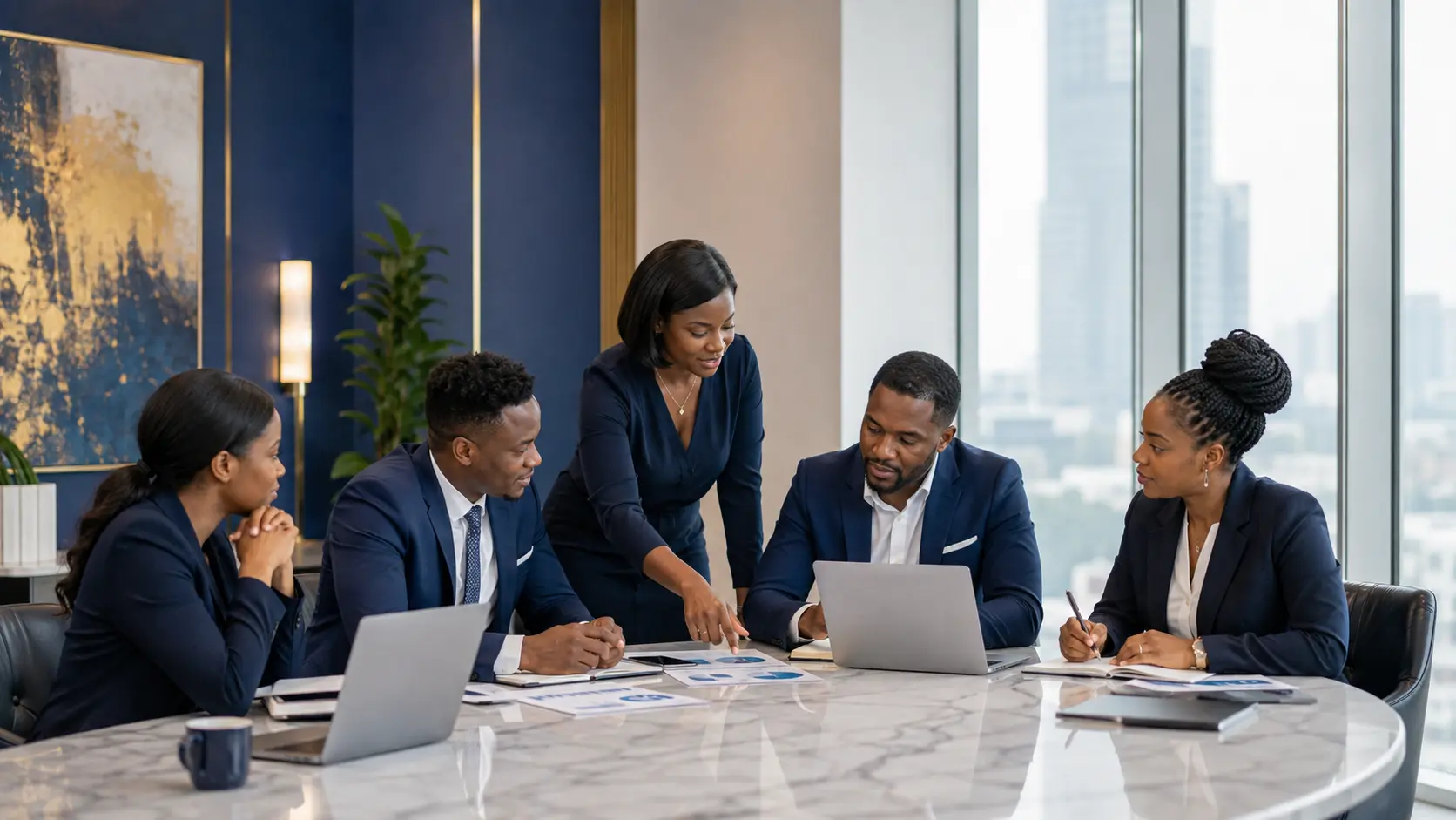 Colleagues collaborating over laptops and financial reports in an office