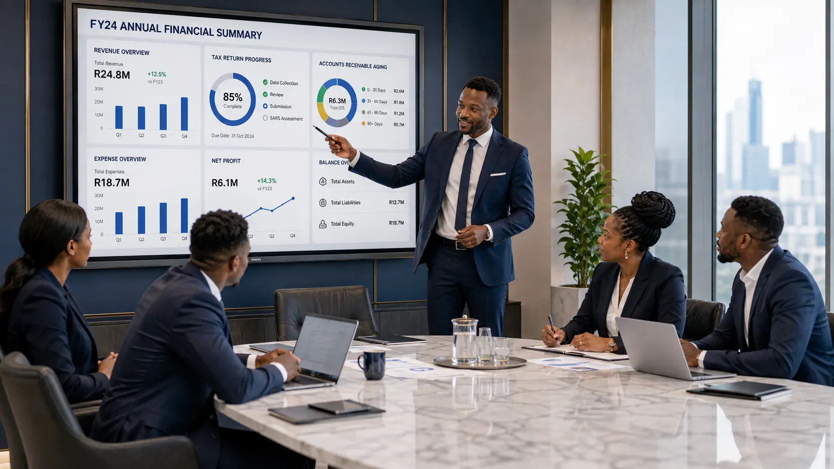 Annual financial summary presentation in a boardroom meeting